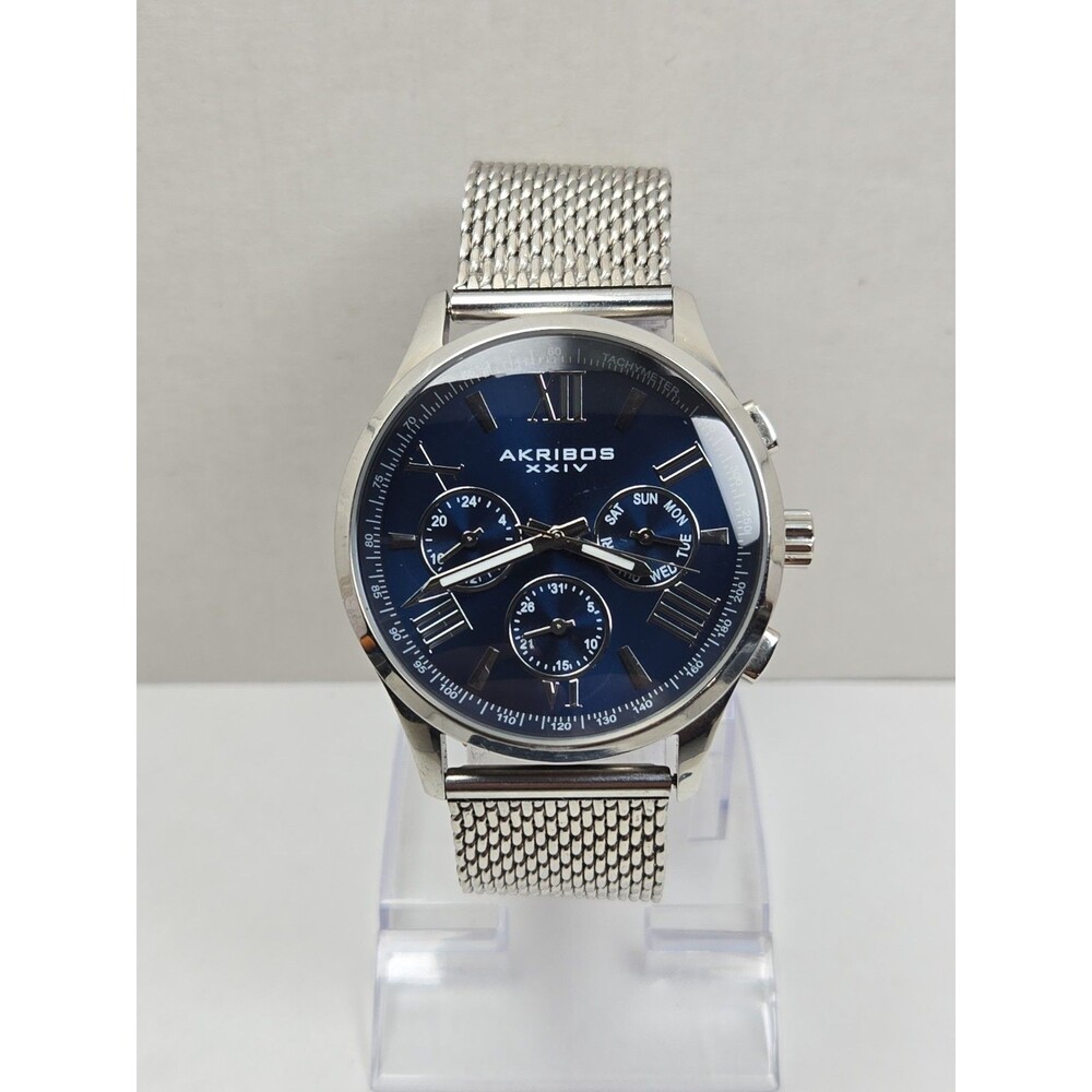 Akribos XXIV Mens Blue Dial Day Date 43mm Watch Silver Tachymeter New Battery